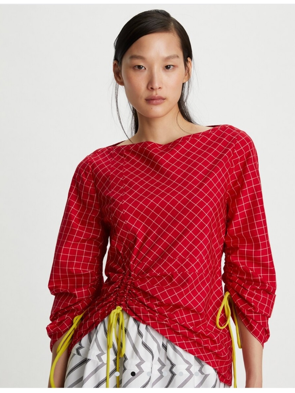 Tory Burch Women's Windowpane Dupioni Silk Tunic Top Red White Boatneck
